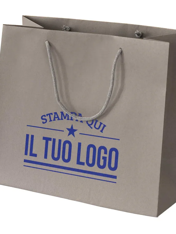 Shopper color tortora in carta riciclata personalizzate con stampa blu