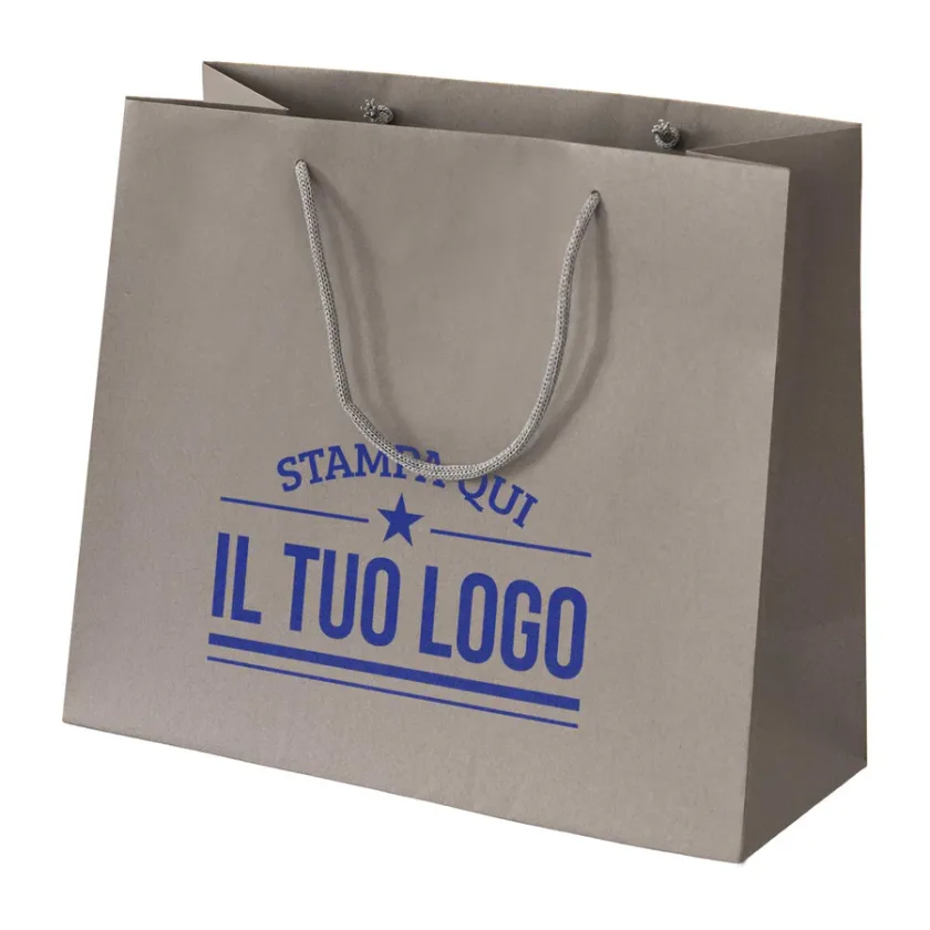 Shopper color tortora in carta riciclata personalizzate con stampa blu