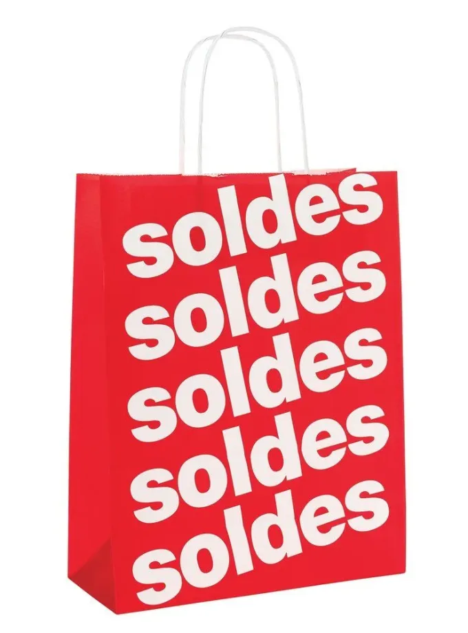 Shopper Soldes in carta rossa con maniglia ritorta