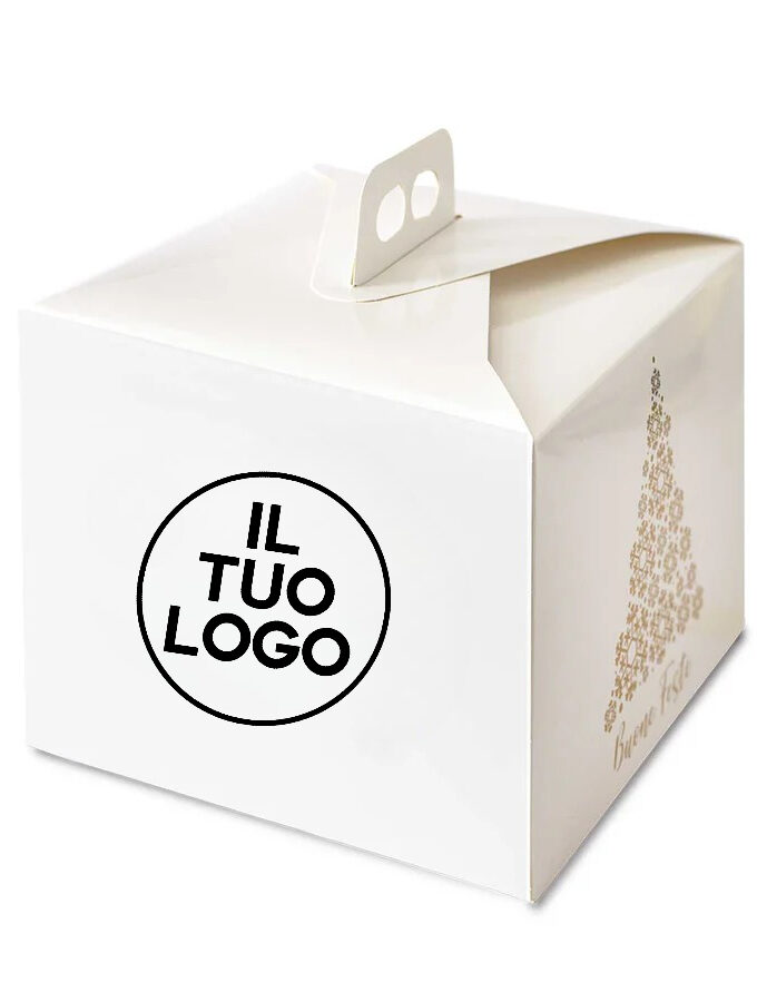 Scatola per panettone alto bianca con decoro albero personalizzata