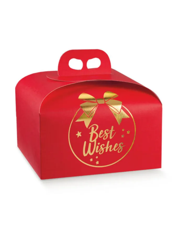 Scatola per panettone rossa con scritta in oro Best Wishes