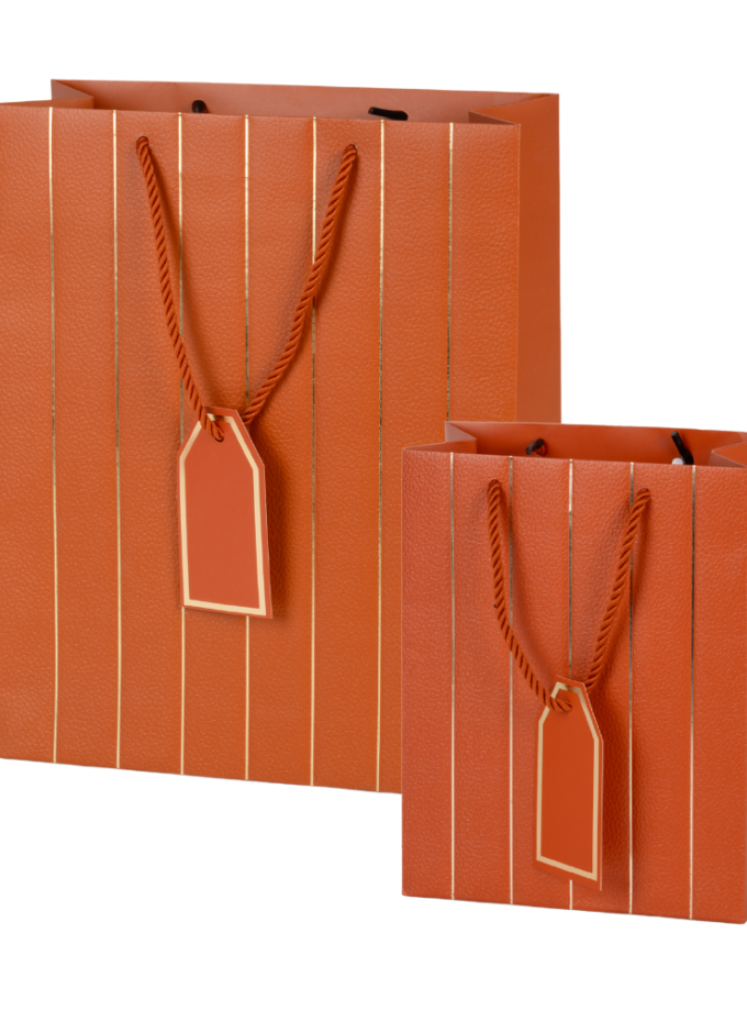 Shopper Terracotta in carta Luxury con righe oro e tag