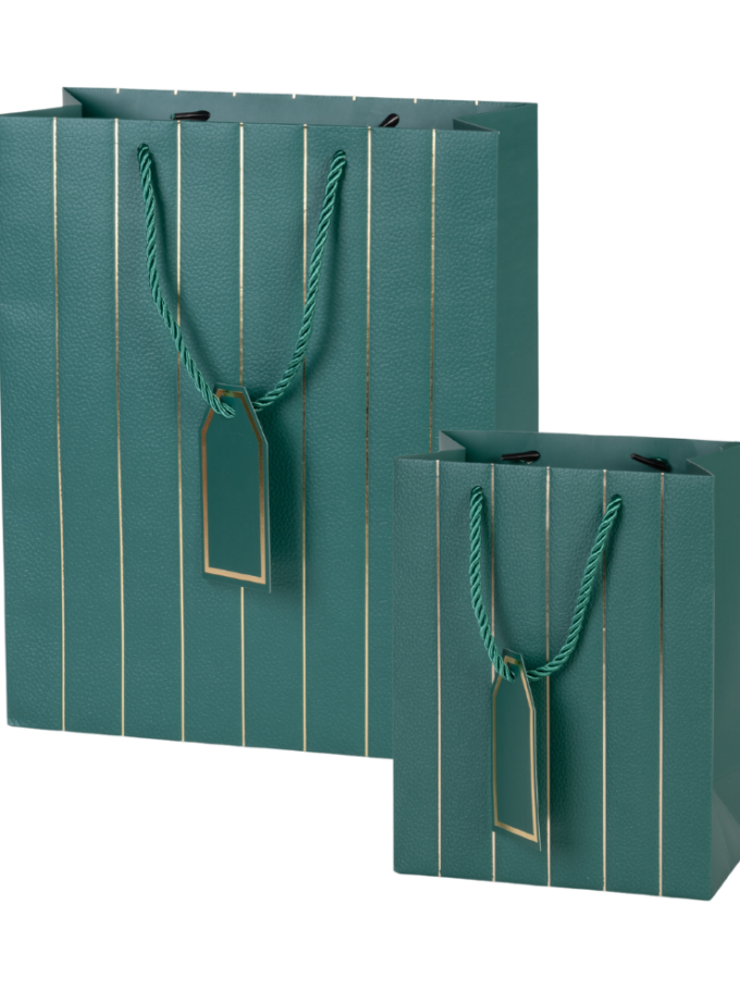 Shopper Verde in carta Luxury con righe oro e tag