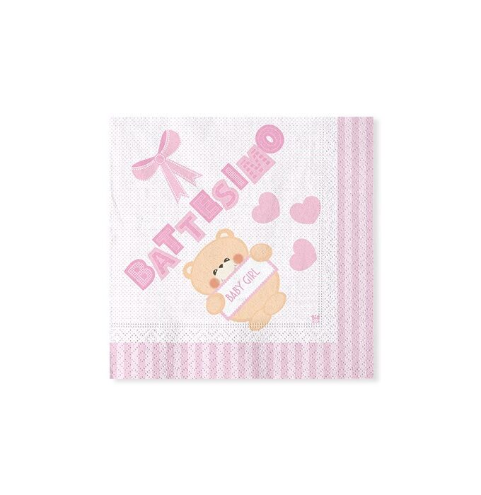 Tovaglioli carta Battesimo Teddy Rosa 25×25