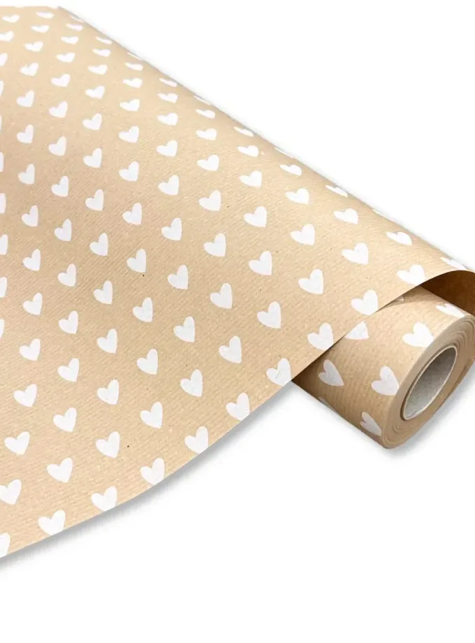 Carta Regalo in rotolo kraft avana fantasia Cuori Bianchi