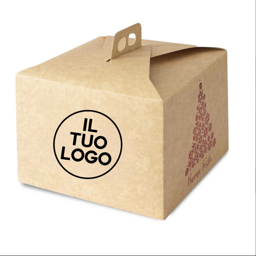 Scatola per panettone alto basso con decoro albero personalizzata
