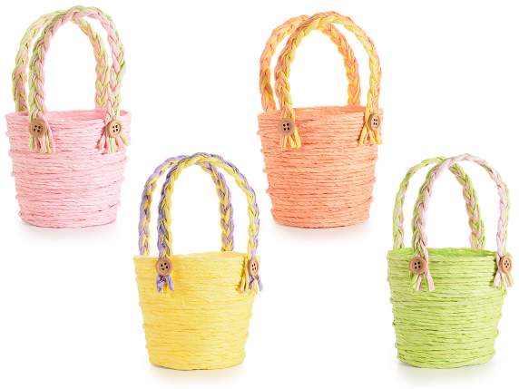 Cestini colorati in carta lavorata con manico bicolore e bottoni