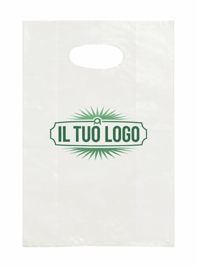 Shopper in plastica Bianche manico a fagiolo PERSONALIZZATE con stampa 1 Colore
