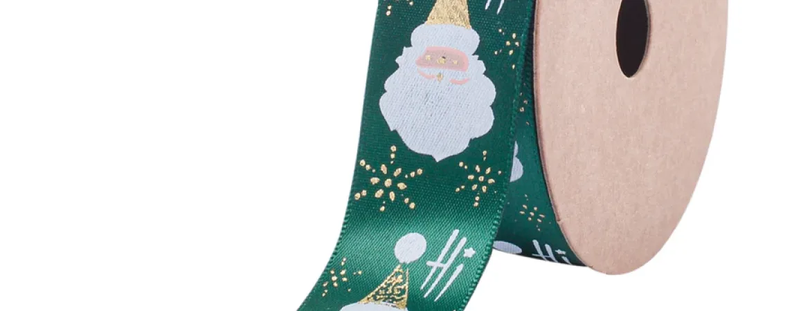 Nastro doppio raso verde con fantasia Santa Claus